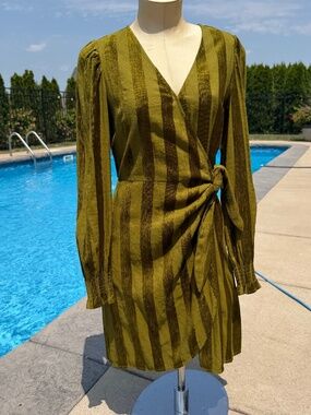 NWT FRNCH Candida Olive Velvet Stripe Wrap Mini Small Dress